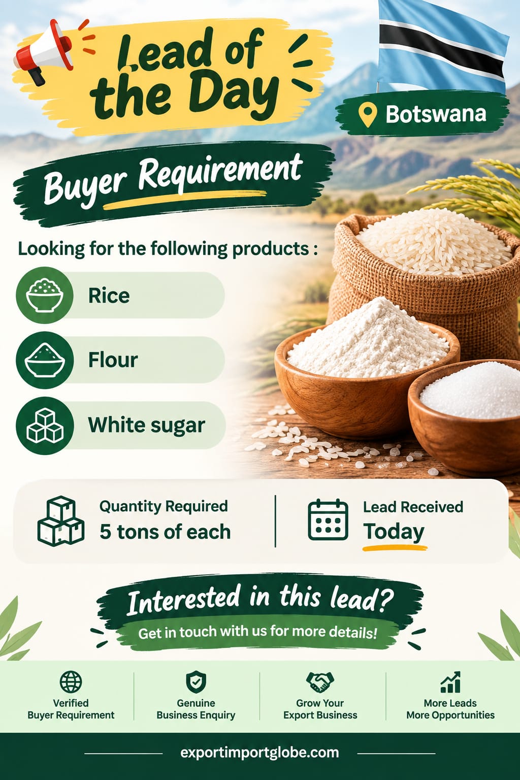 Lead of the Day - 5 Tonnes rice, 5 Tonnes Flour, 5 Tonnes White sugar needed| Get the Buyers Details | Ltd slots