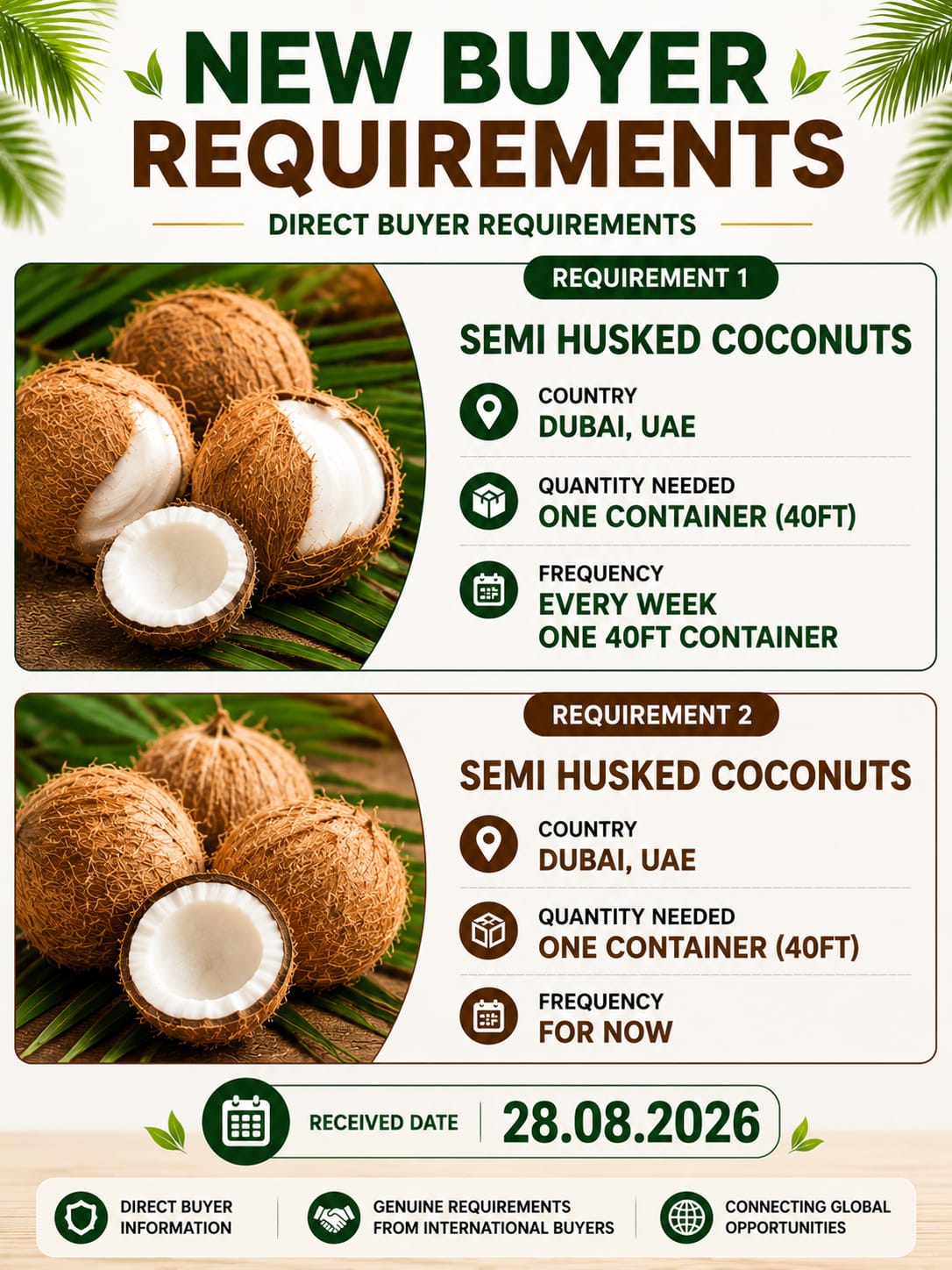 ₹789 Per week One 40ft container Semi husked coconut+1 container semi husked coconut needed| Get the 2 Buyers Details | Ltd slots