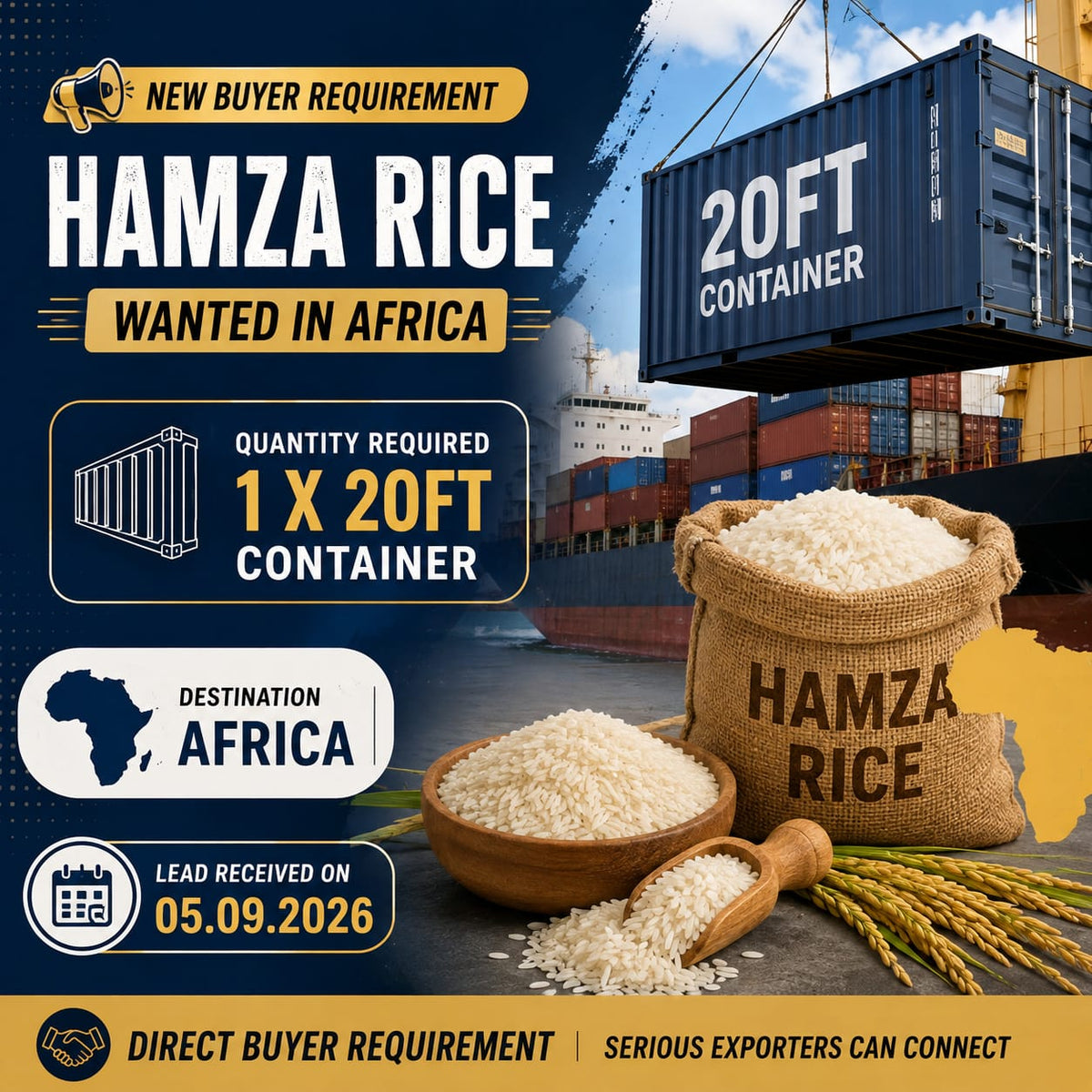 Live Enquiry - one 20ft container Hamza rice needed| Get the Buyers Details | Ltd slots