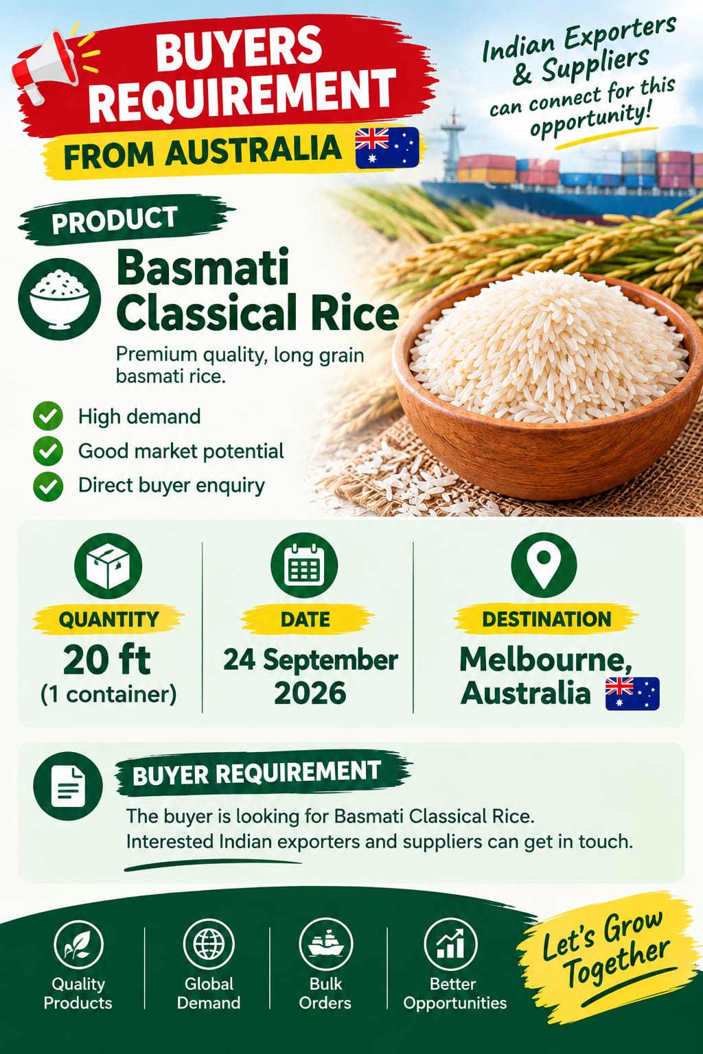 Live Enquiry - 20ft Container Basmati Classical rice needed| Get the Buyers Details | Ltd slots